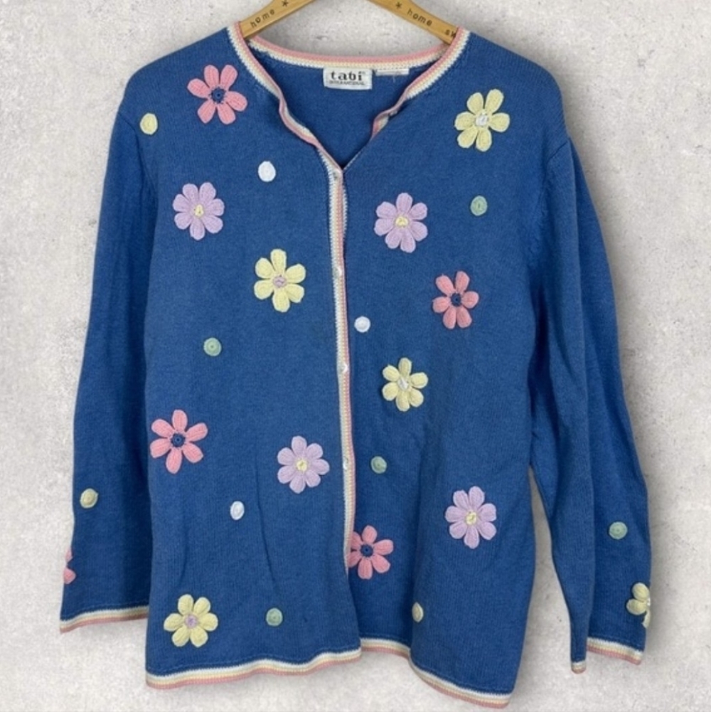 Vintage Granny Core Sweater Embroidered Floral Cardigan Knit Blue Pastel Size XL